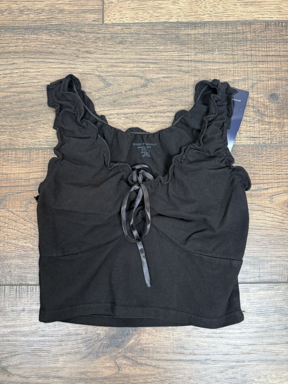 Brandy Melville Black Ruffle Tank Top Tie Front V-neck Crop NWT